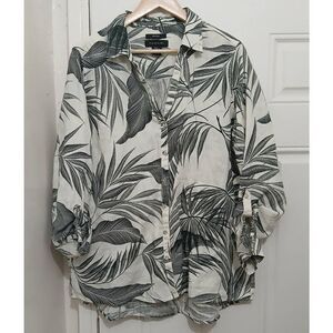 Tahari womens xl tab sleeve shirt blouse 100% linen Hawaiian off black cream